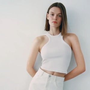 Zara White Ribbed Halter Tank Top
